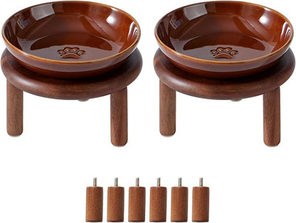 Havniva Elevated Cat Bowls Raised Ceramic Cat Bowl, 5.7” Wide Opening Cat Food Bowl Whisker Friendly Cat Dish Anti-Slip with Wood Stand, Shallow Pet Food & Water Bowl for Indoor Cats