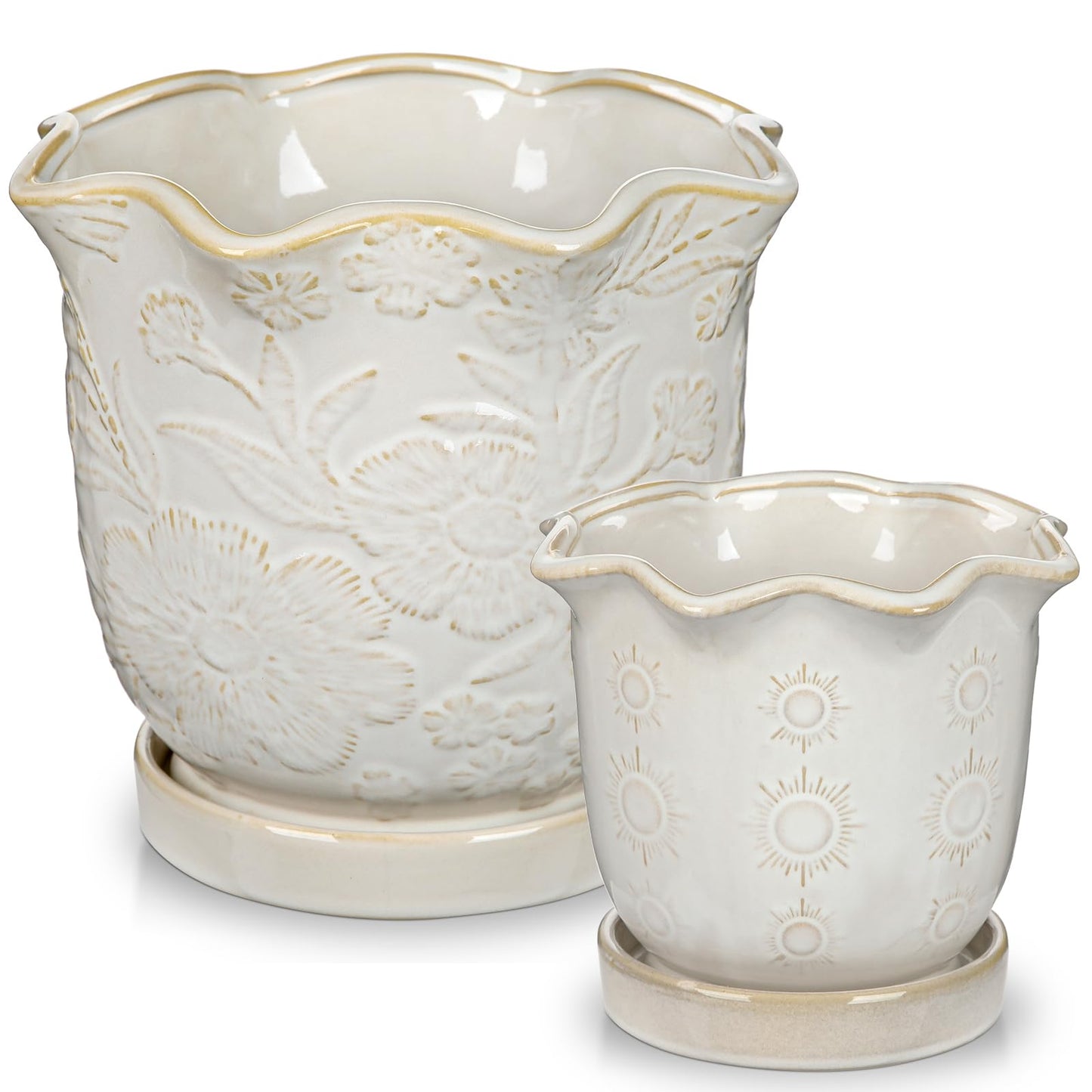 Set of 2 Ceramic Flower Pots, 8" & 5.5" Plant Pots Indoor with Drainage Hole and Saucers, Large Embossed Sunflower Planter Pot, Decorative Scalloped Rim Ceramic Pots for Plants Orchid Snake Outdoor