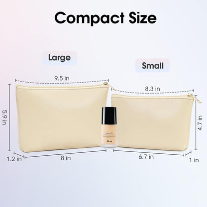 Wandering Nature Makeup Bag Small Cosmetic Bag for Purse 2 Pack Small Make Up Pouch Vegan Leather Cute Travel Pouch with Zipper for Women,Beige