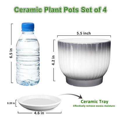 YUFDA Ceramic Plant Pots,5.5 Inch,Set of 4,Planters with Drainage Hole and Saucer,Flower pots for Indoor Plants,Modern Design(Gray+White)