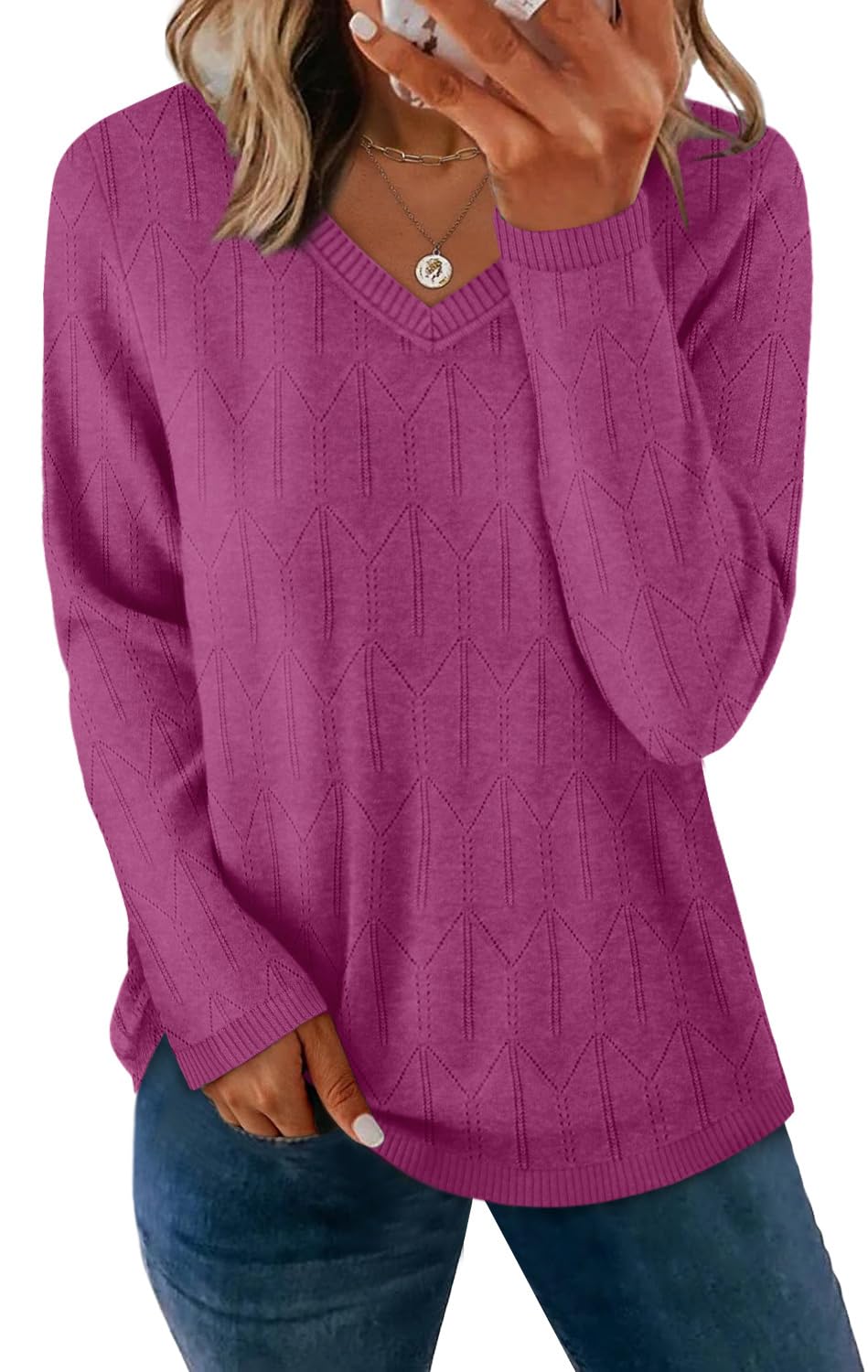 OFEEFAN Womens Sweaters Long Sleeve Shirts Fall Outfits 2025 V Neck Soft Knit Pullover Trendy Tops Dressy Casual Blouses