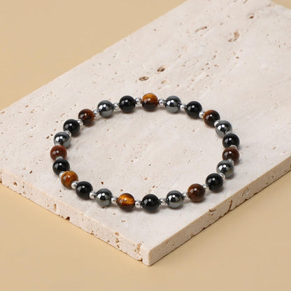 QOGIR Triple Protection - Onyx Hematite Tiger - Stainless Silver Beads Natural Gemstone Stretch Elastic Dainty Healing Beaded Bracelets Gifts 6mm