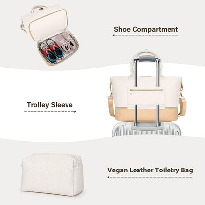 Large Leather Weekender Bags for Women, Travel Duffel Bag PU Overnight Bag Carry On Tote Bag with Shoe Compartment Wet Pocket and Toiletry Bag for Travel Business Women Men