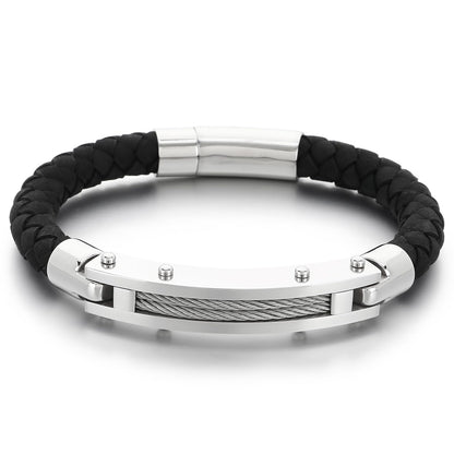 Azubpi Black Braided Leather Bracelet for Men, Stainless Steel Push-In Clasp Casual Fashion Jewelry Gift for Him