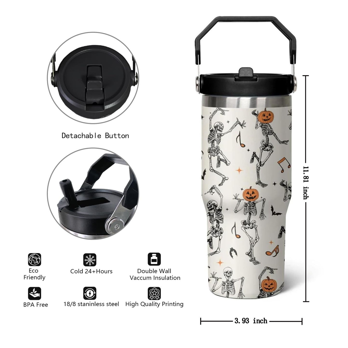qwpmvhsak 30 ozHalloween Skull Tumbler with Handle,Halloween Goth Ghost Travel Coffee Cup Water Botter, Witch Goth Decor Halloween Gifts For Women