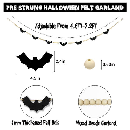 Halloween Garland Decorations, Adjustable Spooky Hanging Felt Bat Garland, Pre-Strung Aesthetic Boho Wood Beads Halloween Banner for Mantel Fireplace Home Room Indoor Farmhouse Office Wall Decor