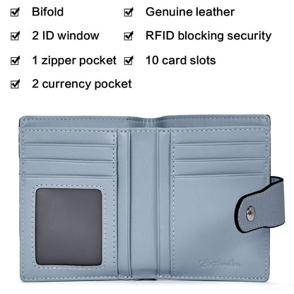 BOSTANTEN Women Leather Wallet RFID Blocking Small Bifold Zipper Pocket Wallet Card Case Purse with ID Window Blue