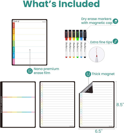 Magnetic Dry Erase List Board - 6.5"x8.5" Weekly, Daily, 2 List Boards for Fridge - 6 Extra Fine Point Markers Included - Shipped Flat