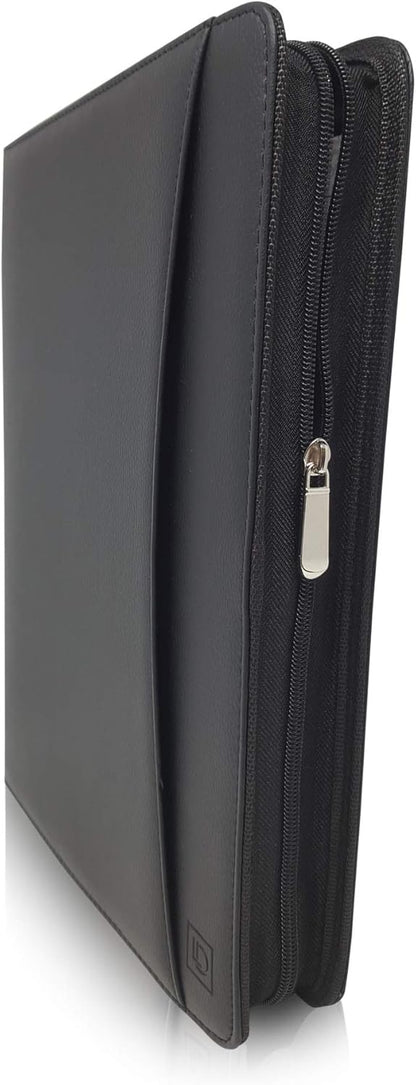 Matt Black Zippered Portfolio Binder - PU Leather Business Portfolio Organizer - Padfolio for Men & Women with US Letter Notepad, 10.5 Inch Tablet Pocket & Gift Box by Lautus Designs