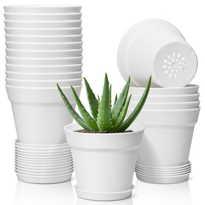 T4U Flower Pots 18-Pack, 5 Inch Plant Pot with Saucer and Drainage Hole, Durable Plastic Flower Pots, Small Pots for Plants, Violet, Succulent and Indoor Plant Decorative (18 Pack 5" Pot, White)