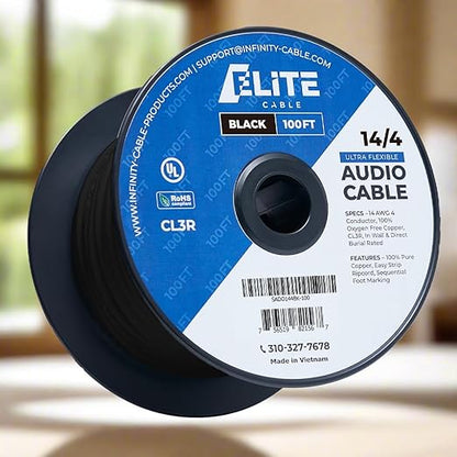 Elite 14/4 Speaker Wire 100ft, UL Listed, CMR/CL3R, (Riser/In-Wall & Outdoor/In-Ground (Direct Burial)- 100% Oxygen Free Pure Bare Copper (OFC), 14AWG/4-Conductor, 100ft Bulk Cable (105 strands) Black