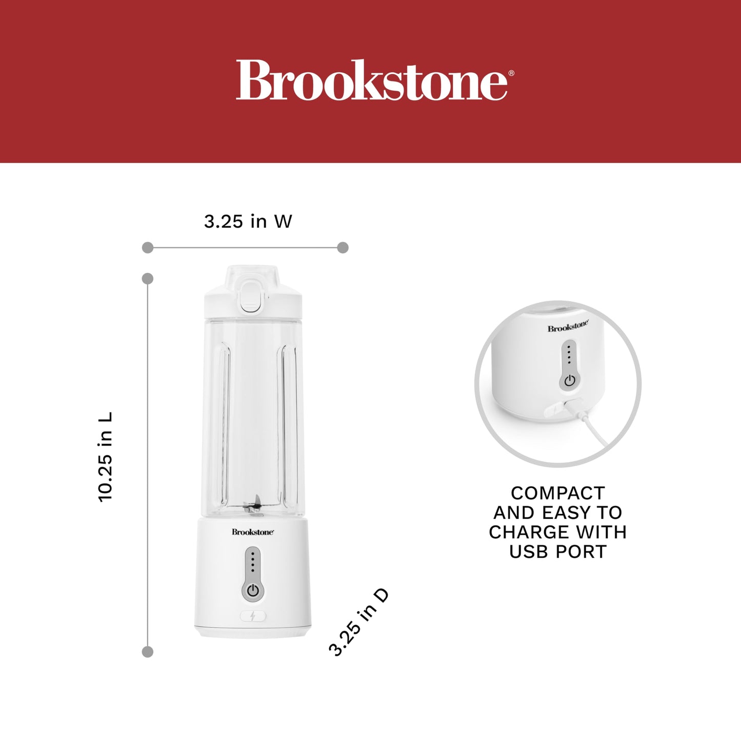 Brookstone 500mL Compact Portable Blender with Additional Lid for On-the-Go Convenience - Personal Blender Perfect for Shakes, Smoothies, Food Prep, and Frozen Blending, BPA-Free (White)