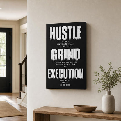 DINGFUN Inspirational Poster for Office Canvas Wall Art, Hustle Grind Execution Quote Print, Black Motivational Decor for Home Office Dorm Gym Classroom, Single Panel Wall Decor 24x18inch