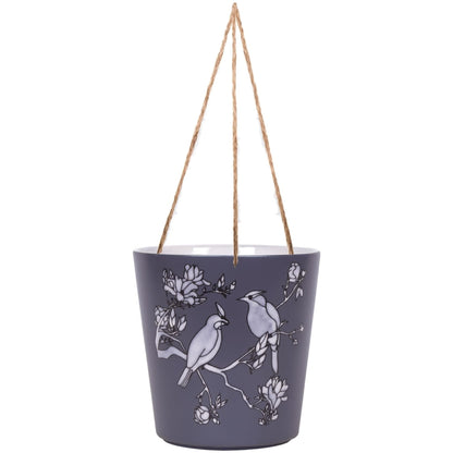 Blue Sky Clayworks 6.5" Hanging Bird Blue Planter, Ceramic, 7" x 6" x 5", Slate Night, Perching Pair & Blooms