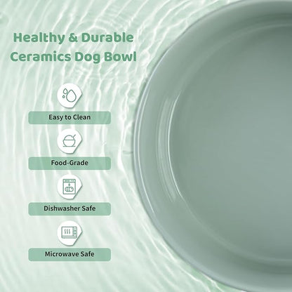 SPUNKYJUNKY Ceramics Raised Dog Bowls with Wooden Stand - Elevated Bowls for Small Medium Dogs (Double 28.7OZ, Light Green)