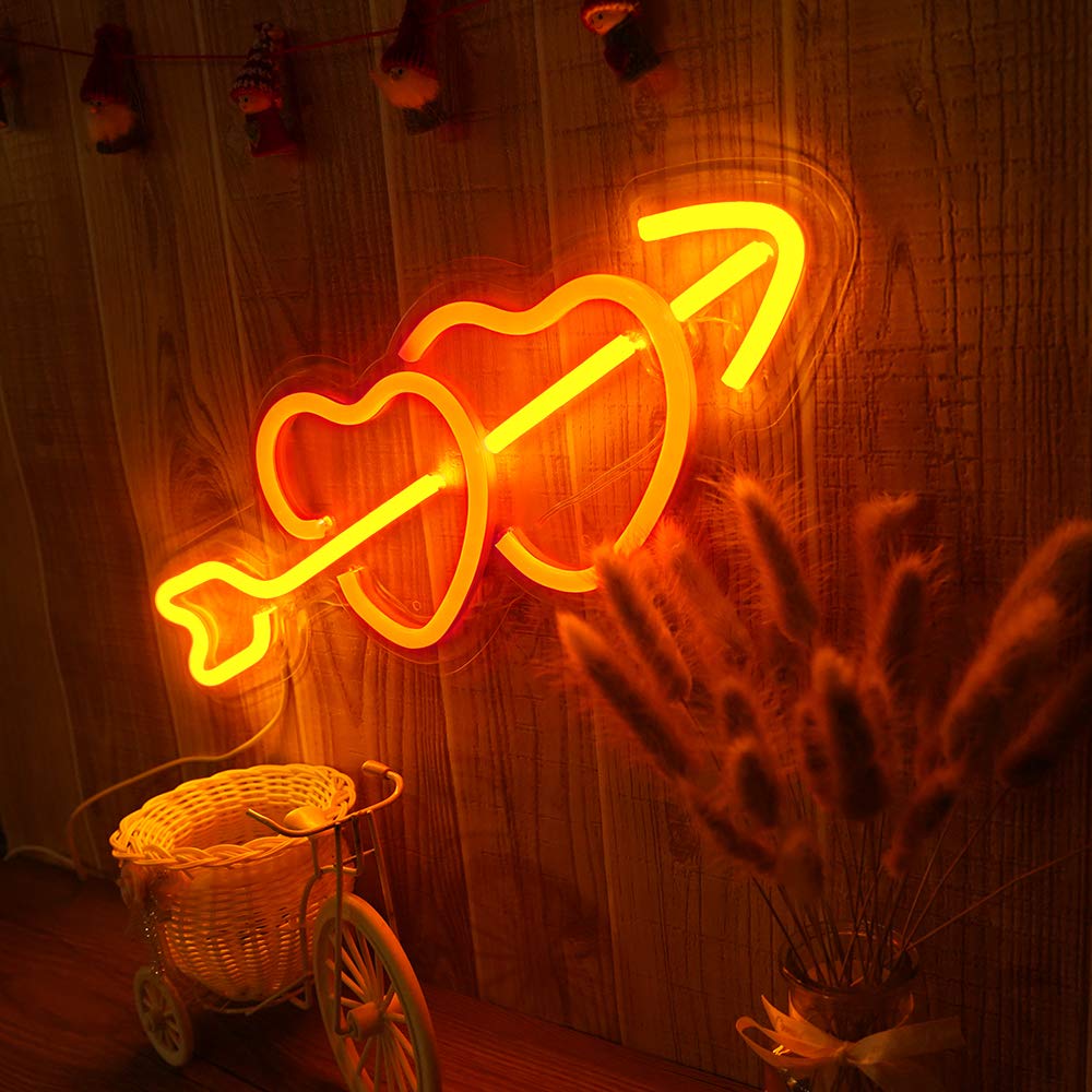 OYE HOYE Cupid's Arrow Heart Neon Sign, Large Pink & Warm White LED Neon Light, USB Powered Wall Decor for Bedroom, Wedding, Valentine's Day, Anniversary, Romantic Aesthetic Gift (16.9"x9.1")