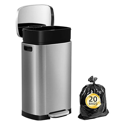 KdbK 13 Gallon Trash Can with Lid, 50L Fingerprint Proof Stainless Steel Kitchen Trash Can with Removable Inner Bucket and Lid Soft Close, Pedal Rubbish Bin for Home Office