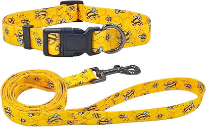 Dog Collar Leash Set, Busy Bee Pattern, 5ft Matching Leash, Polyester Material, 4 for Small Medium Large Dogs.(XS, Bee)