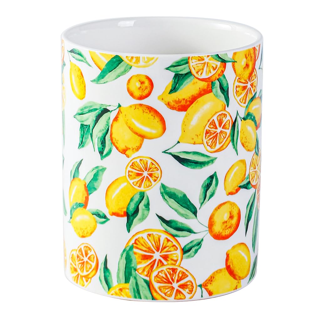 Kitchen Utensil Holder, 6.3" Ceramic Cooking Utensil Holder for Countertop, Large Utensil Crocks for Kitchen Counter Decor, Modren Utensil Organizer Decorative Fruit patterns (Yellow Lemon, 6.3 Inch)