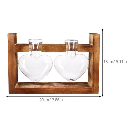 EPIGEIST 2Pcs Heart Shape Glass Vases Hydroponics Planter with Retro Wooden Rack Heat Resistant Transparent Glass Container for Flower Arrangement and Plant Propagation Decorative Terrarium