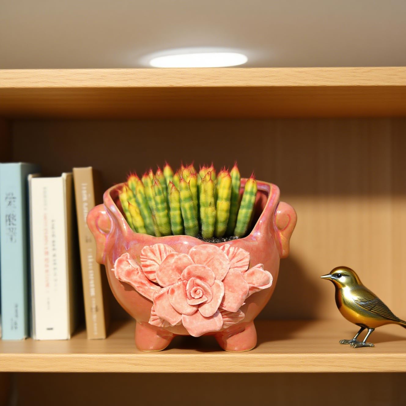 FMTITF Ceramic Planter for Succulents & Flowers 4" H, Cracked Rim with Sculptural Appliqué Design, Indoor/Outdoor Glossy Glaze Flower Pot, Drainage Plug & Curved Handles, Compact Tabletop Decor