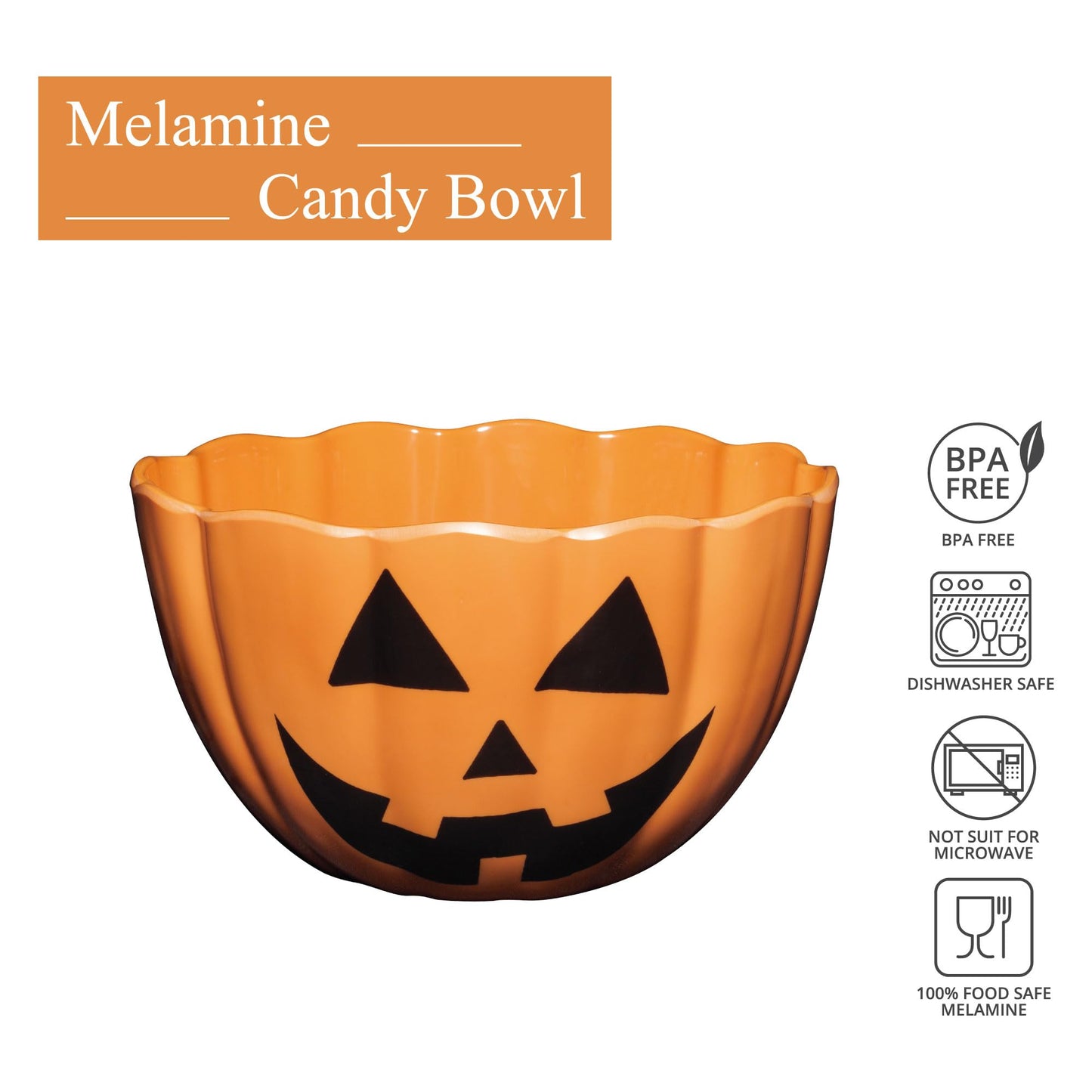 UP Halloween Pumpkin Melamine Candy Bowl, Mixing Bowl for Charcuterie, Food, Fruit, Salad, and Snack, BPA-Free, Dishwasher Safe, Shatter-Proof, Orange, 9 Inch