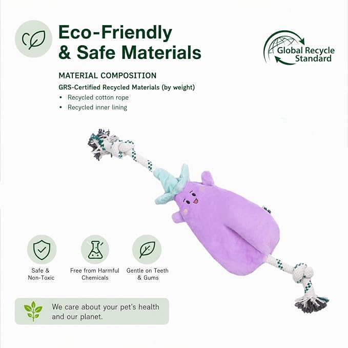 Green Sheep Interactive Plush Dog Toy, No Stuffing Squeaky Toy with Recycled Cotton Rope for Medium to Large Dogs, Aubergine