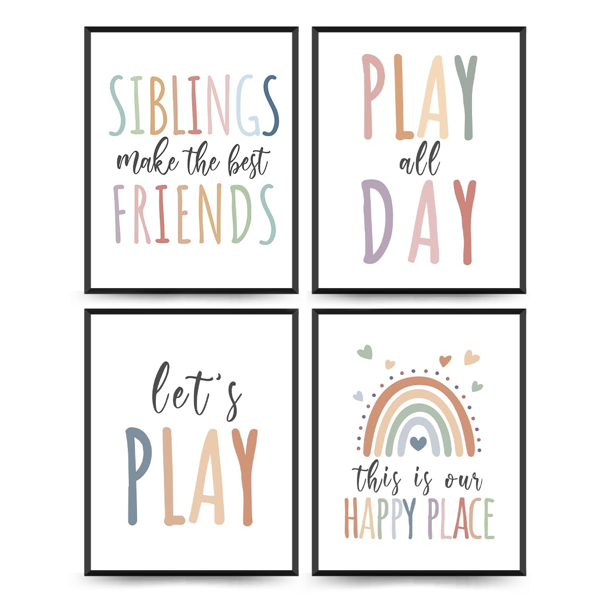 PLKMN Boho Playroom Decor Set of 4, Let's Play Wall Art, Rainbow Prints for Kids Room, Nursery, Bedroom, 8x10 Inch, Unframed