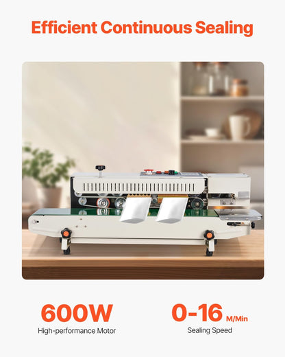 VEVOR Continuous Bag Band Sealing Machine, 0.24-0.47 in/6-12 mm Seal Width, Horizontal Band Sealer Machine with Digital Temperature Control, Bag Sealer for 0.02-0.8 mm Plastic Bags, Inflation Function