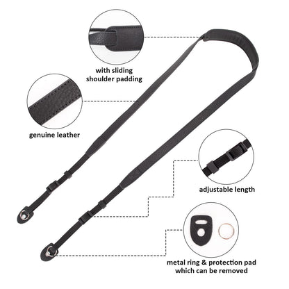 MUZIRI KIINOKOO Camera Strap Genuine Leather with Nylon Belt - Adjustable Shoulder Neck Strap Comes with Triangular Rings for Most of Digital Cameras- Length 90cm to 140cm - Black