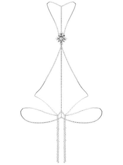 Gothic Cross Body Chain for Women – Silver Tone Adjustable Waist Body Jewelry with Clear Oval Crystal, Vintage Filigree Y-Style Harness Necklace for Festival Party Outfit