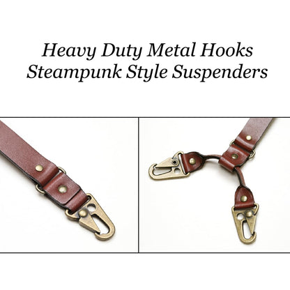 SILKSEA Leather Suspenders for Men Heavy Duty Y Back Adjustable Solid Brace Men's Big & Tall Suspenders for Dress Pants with Snap Clips Hooks, Brown
