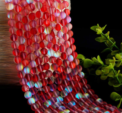 Matte Aurora Crystal Glass Beads Red 100pcs 8mm Flash Glitter Shining Mermaid Round Loose Aura Bead Frosted Moonstone for Jewelry Making (Red, 8mm)