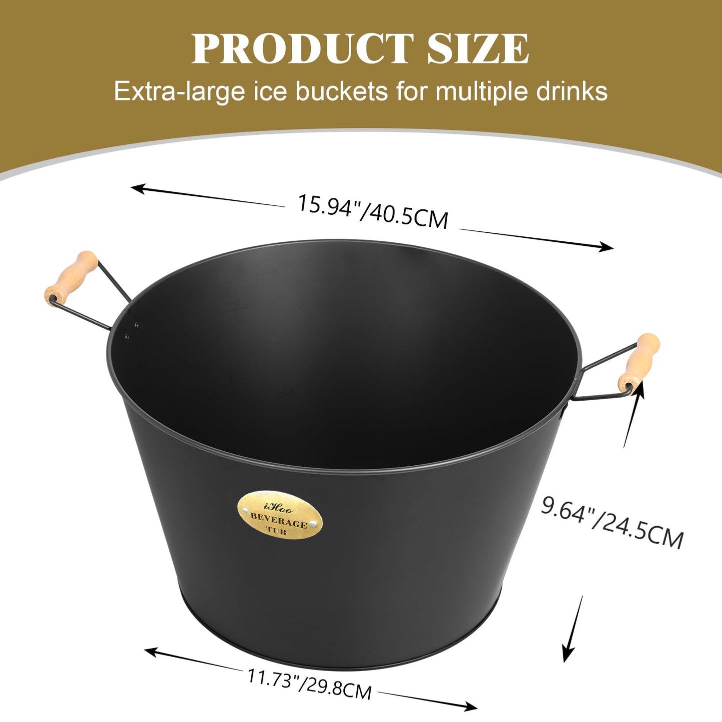 5.5 Gallon Large Beverage Tubs for Parties, 21L Ice Bucket with Wooden Handles for Beer, Wine, Cocktails & Outdoor Events -Black