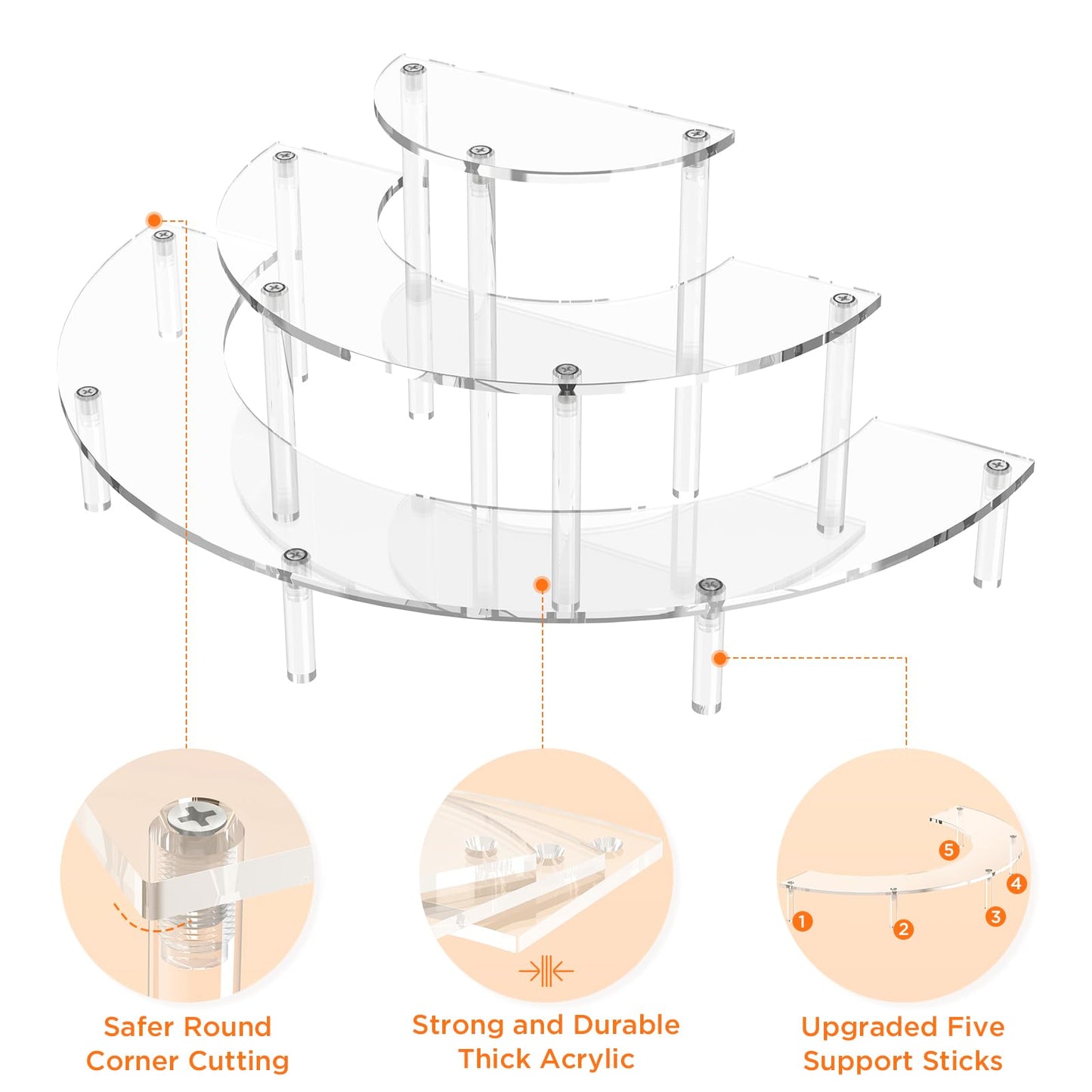 Dooiclear 3 Tier Acrylic Display Risers 2 Pack, Half Moon Cupcake Stand, Clear Perfume Organizer, Dessert Stand for Display, Clear Display Stand for Food, Cupcake, Perfume, Collections