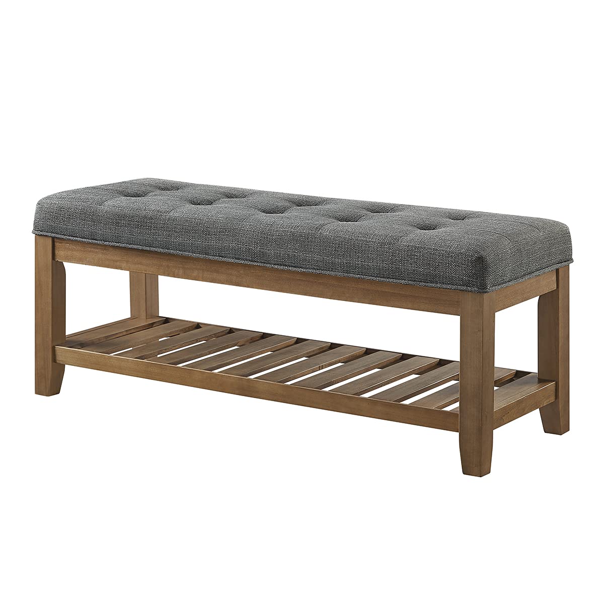 24KF Large Rectangular Upholstered Tufted Linen Fabric Ottoman Bench, Padded Bench with Solid Wood Shelf-Granite