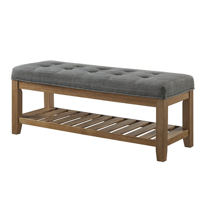 24KF Large Rectangular Upholstered Tufted Linen Fabric Ottoman Bench, Padded Bench with Solid Wood Shelf-Granite
