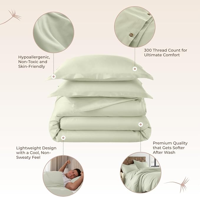 100% Organic Cotton Duvet Cover Queen Size - Naturally Soft Lightweight & Cooling Duvet Cover Set with Decorative Shams - Premium GOTS Certified 300 Thread Count Sateen Weave (Pastel Green, Queen)