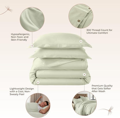 100% Organic Cotton Duvet Cover Queen Size - Naturally Soft Lightweight & Cooling Duvet Cover Set with Decorative Shams - Premium GOTS Certified 300 Thread Count Sateen Weave (Pastel Green, Queen)