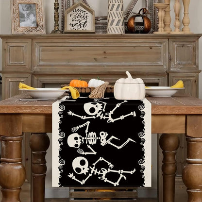 Halloween Table Runner Skeleton Dancing Funny Black Linen Seasonal Kitchen Dining Table Home Outdoor Party Decorations (13'' x 90'')