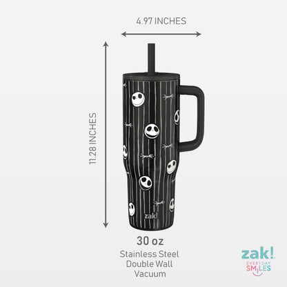 Zak Designs Disney Tim Burton's The Nightmare Before Christmas Sutton Travel Tumbler for On the Go, 30oz Stainless Steel with Vacuum Insulation and Silicone Straw for Cold Drinks (Jack Skellington)
