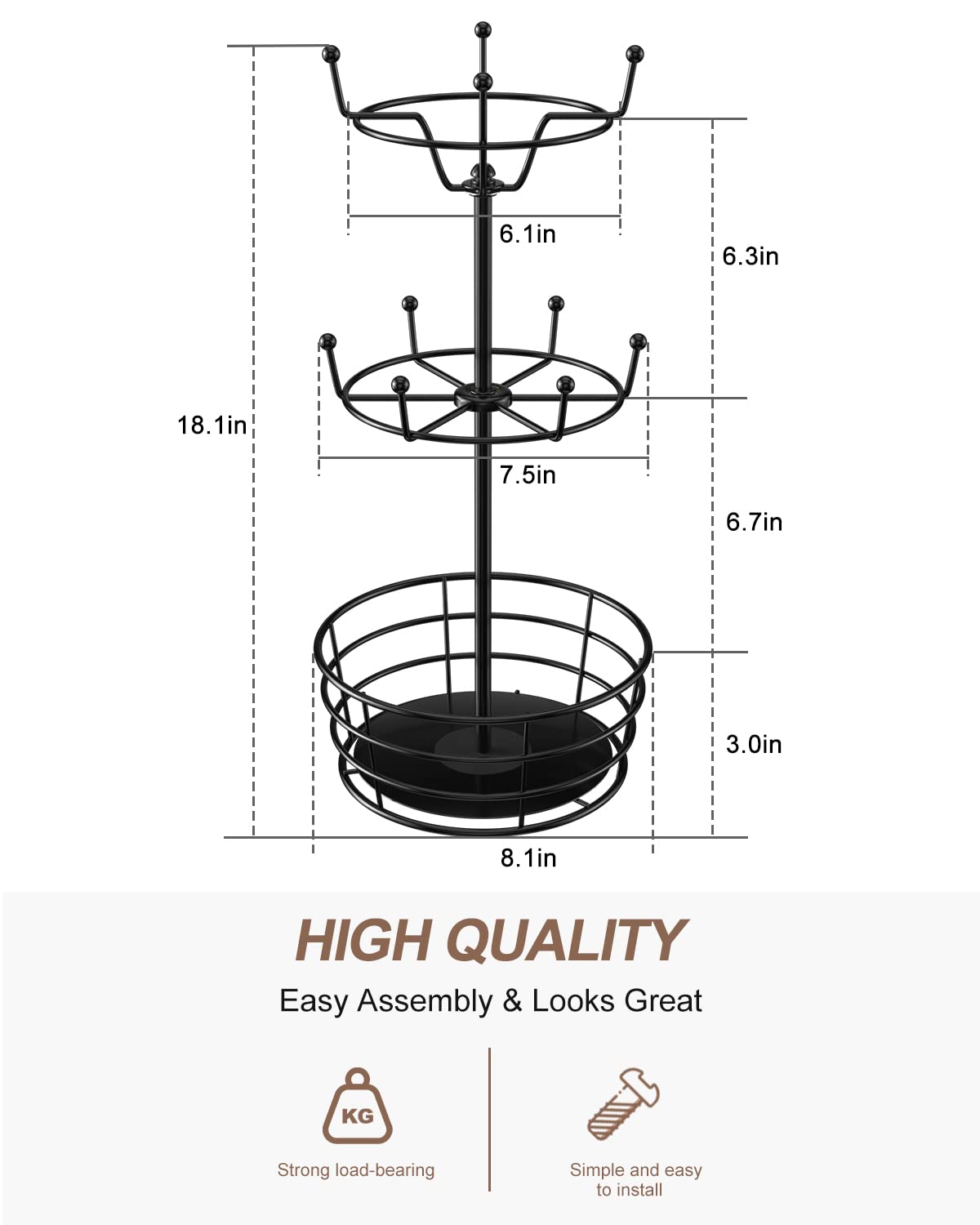 ASTLIHO 360° Rotating Coffee Mug Holder - Metal 3 Tier Mug Tree Rack Cup Holder for Countertop with 10 Hooks, Coffee Pods Holder for Bar Organizer Kitchen Counter - Black