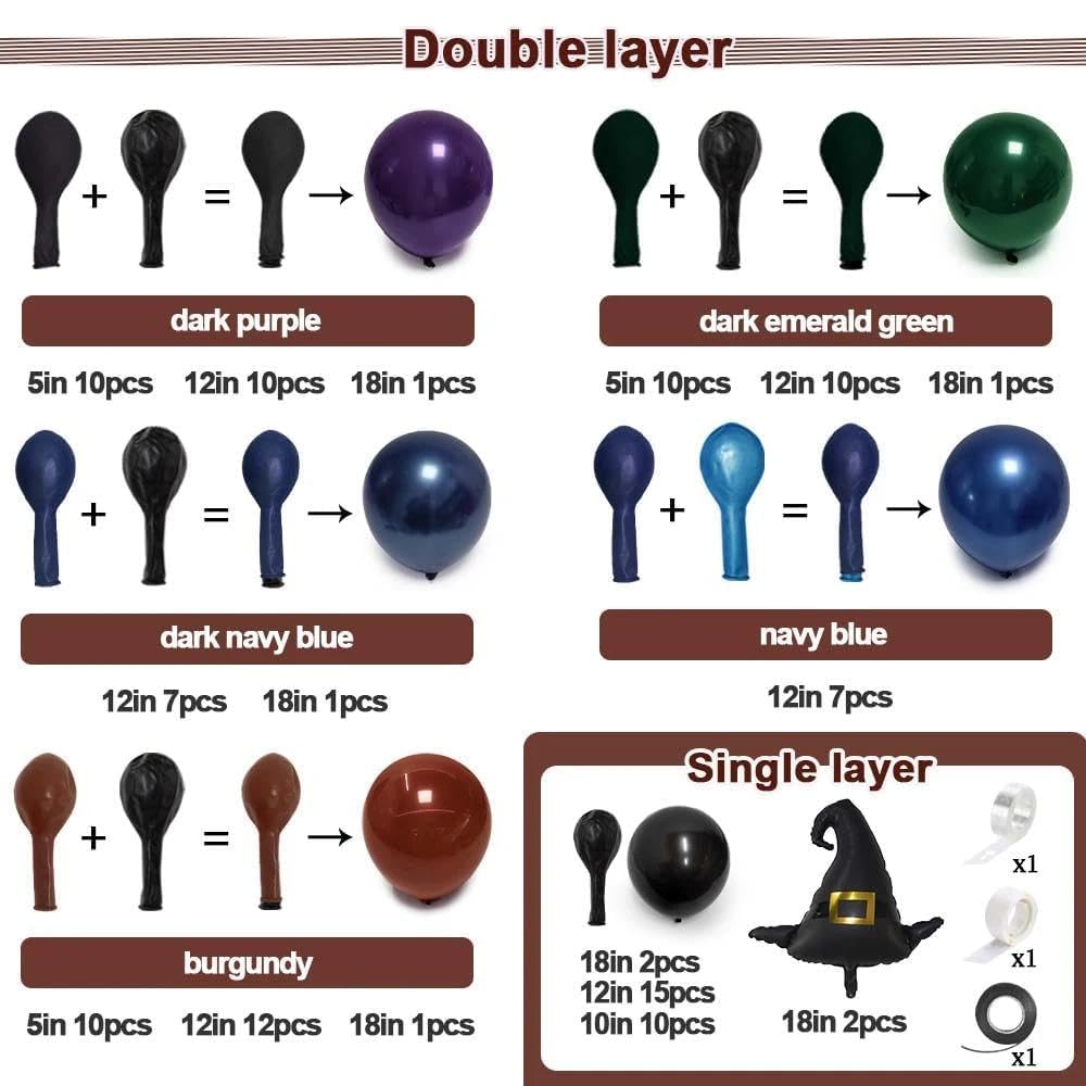 Halloween Balloon Arch Double Stuffed, Dark Green Navy Blue Burgundy Purple Black Balloon Garland Kit for Halloween Birthday Witch Gothic Spooky Magic Party Decoration