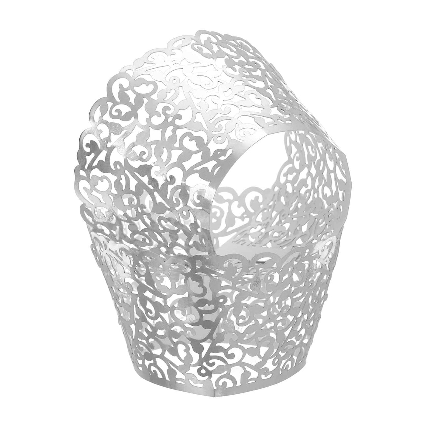 HARFINGTON 50 Pcs Lace Cupcake Liners Standard Vine Designed Hollow Out Cupcake Wraps Artistic Bake Cake Paper Cups for Anniversary Birthday Weddings Parties, Reflective Silver