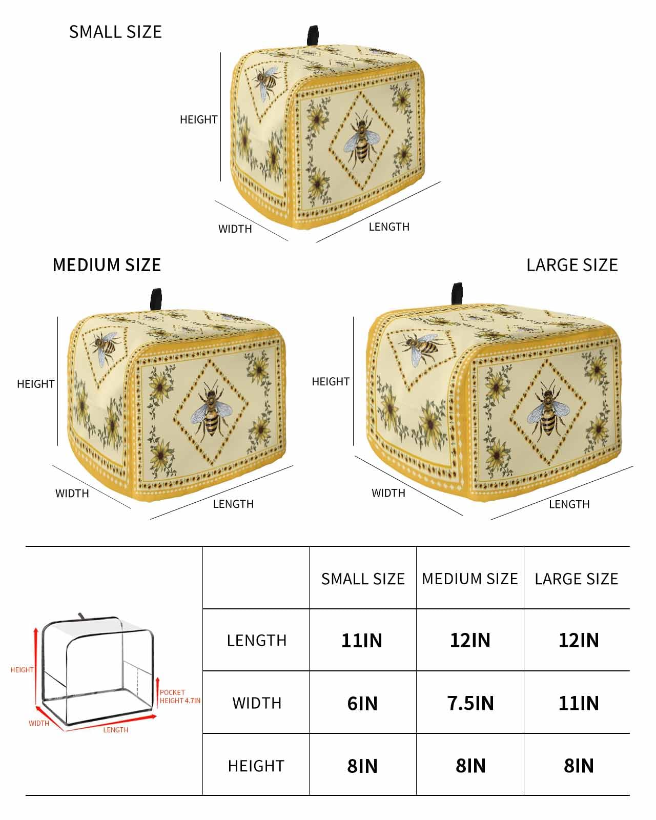 Summer Bee Toaster Cover 4 Slice, Large Kitchen Appliance Covers, Yellow Lace Farmhouse Sunflower Rustic Toaster Oven Cover with Loop, Bread Machine Cover Polyester Dust Cover Protection