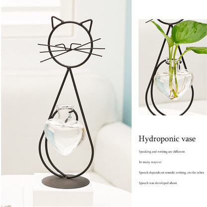 Cat Glass Planter Vase Holder - Plant Terrarium - Simple Cat Iron Flower Ware Hydroponic Flower Arrangement Vase (Sit)