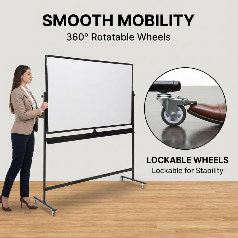DexBoard Large 72x40 Inch Mobile Whiteboard, Double-Sided Magnetic Dry Erase Board on 360-Degree Rolling Stand, Height-Adjustable, Reversible for Office, Classroom & Home Use