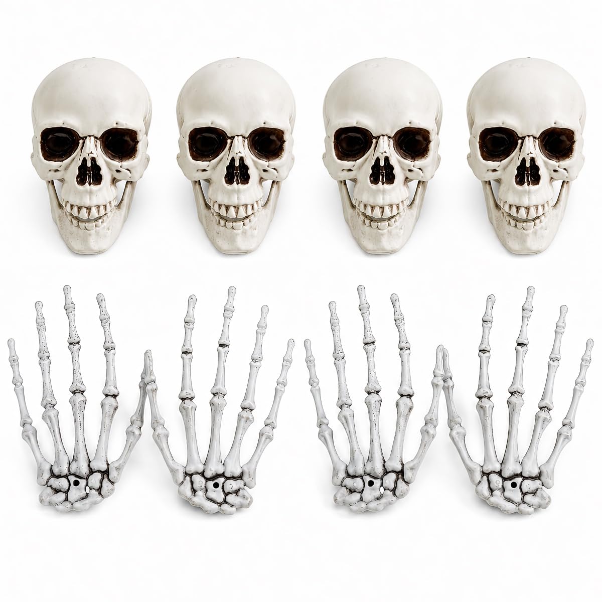 Sivlnian Halloween Skull Decorations Set, 8 Pack Skeleton Heads with Hands, 4.3 Inch Miniature Human Skull Heads, Spooky Haunted House Props for Halloween Party, Yard and Indoor Decorations, Plastic