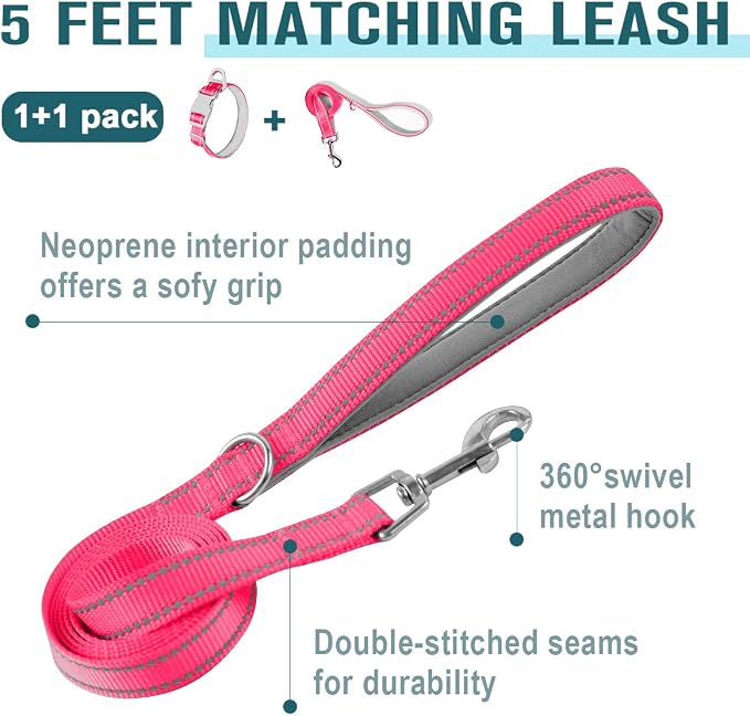 Dog Collar for Medium Small Large Dogs Reflective with Leash,Collar and Leash for Dogs,Soft Neoprene Padded 2 Pack(Pink,L)
