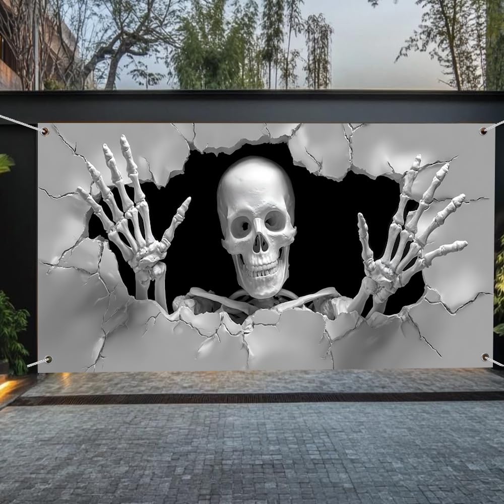 WDESYADMS Skeleton Garage Door Cover 157.48 × 70.87 Inch Scary 3D Cracked Wall Skeleton Garage Door Decoration for Outdoor Halloween Party Yard Home Decor